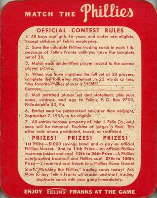 1955 Felin's Franks Match the Phillies #19 Gus Niarhos Back