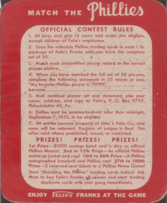 1955 Felin's Franks Match the Phillies #21 Marv Blaylock Back