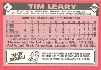 1986 Topps Traded #64T Tim Leary Back