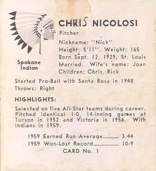 1960 Darigold Farms Spokane Indians #1 Chris Nicolosi Back
