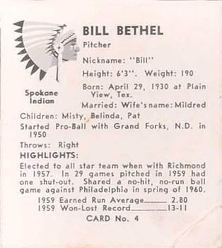 1960 Darigold Farms Spokane Indians #4 Bill Bethel Back
