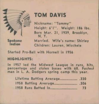 1959 Darigold Farms Spokane Indians #NNO Tom Davis Back