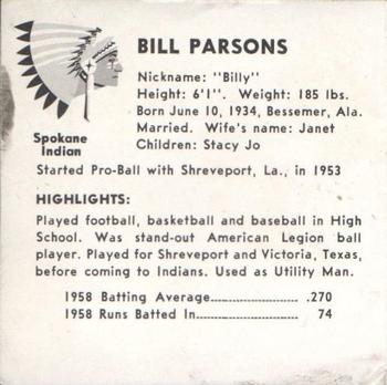 1959 Darigold Farms Spokane Indians #NNO Bill Parsons Back