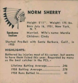 1959 Darigold Farms Spokane Indians #NNO Norm Sherry Back