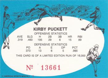 1992 American Sports Monthly (unlicensed) #NNO Kirby Puckett Back