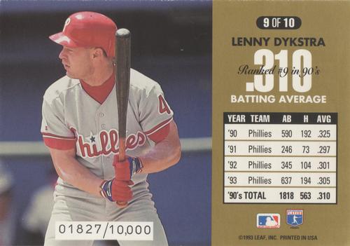 1994 Donruss - 90's Dominators: Batting Average Jumbo #9 Lenny Dykstra Back