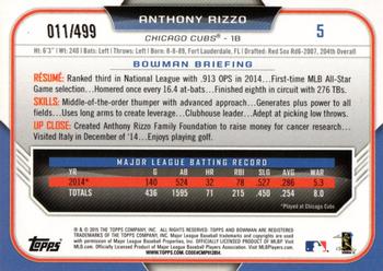 2015 Bowman - Silver #5 Anthony Rizzo Back