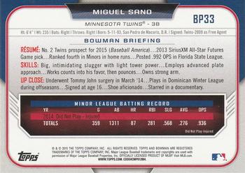 2015 Bowman - Prospects #BP33 Miguel Sano Back