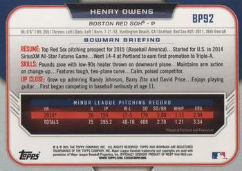 2015 Bowman - Prospects #BP92 Henry Owens Back