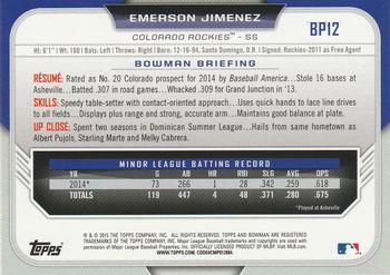 2015 Bowman - Prospects Yellow #BP12 Emerson Jimenez Back