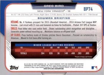 2015 Bowman - Prospects Yellow #BP74 Greg Bird Back