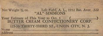 1933 Butter Cream (R306) #NNO Al Simmons Back