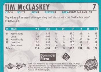 2000 Multi-Ad Brevard County Manatees #7 Tim McClaskey Back