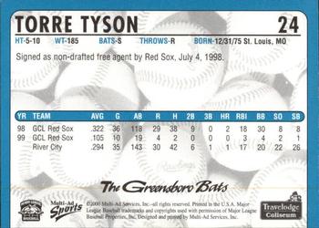 2000 Multi-Ad Greensboro Bats #24 Torre Tyson Back