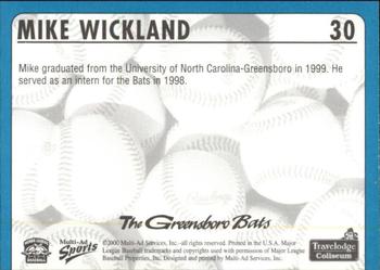2000 Multi-Ad Greensboro Bats #30 Mike Wickland Back
