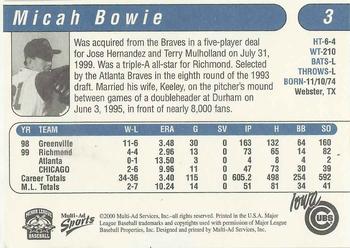 2000 Multi-Ad Iowa Cubs #3 Micah Bowie Back