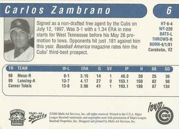 2000 Multi-Ad Iowa Cubs #6 Carlos Zambrano Back