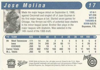 2000 Multi-Ad Iowa Cubs #17 Jose Molina Back