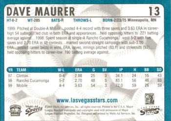2000 Multi-Ad Las Vegas Stars #13 Dave Maurer Back
