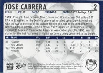 2000 Multi-Ad New Orleans Zephyrs #2 Jose Cabrera Back