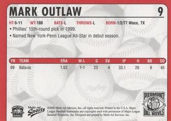 2000 Multi-Ad Piedmont Boll Weevils #9 Mark Outlaw Back