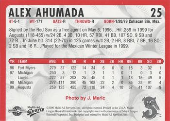 2000 Multi-Ad Sarasota Red Sox #25 Alex Ahumada Back