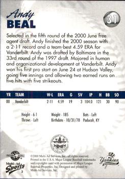 2000 Multi-Ad Staten Island Yankees #3 Andy Beal Back