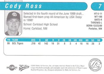 2000 Multi-Ad West Michigan Whitecaps #NNO Cody Ross Back