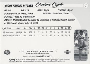 2000 Choice Carolina League Top Prospects #7 Chance Caple Back