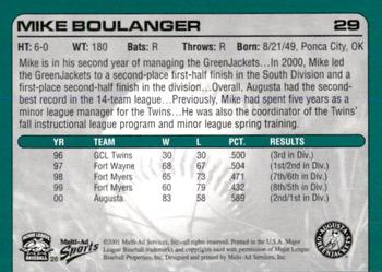 2001 Multi-Ad Augusta GreenJackets #26 Mike Boulanger Back