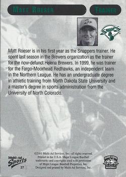 2001 Multi-Ad Beloit Snappers #27 Matt Roeser Back