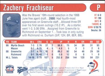 2001 Multi-Ad Daytona Cubs #9 Zachery Frachiseur Back