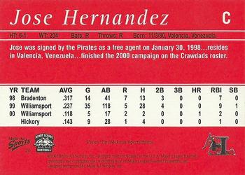 2001 Multi-Ad Hickory Crawdads #20 Jose Hernandez Back