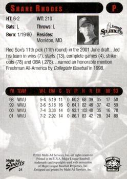 2001 Multi-Ad Lowell Spinners #24 Shane Rhodes Back