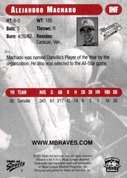 2001 Multi-Ad Macon Braves #2 Alejandro Machado Back