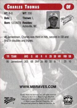 2001 Multi-Ad Macon Braves #7 Charles Thomas Back