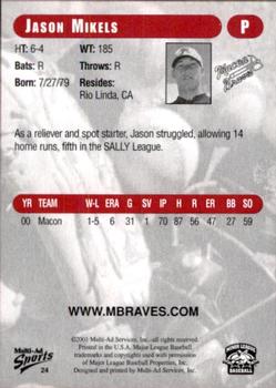 2001 Multi-Ad Macon Braves #24 Jason Mikels Back