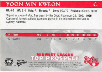 2001 Multi-Ad Midwest League Top Prospects #16 Yoon-Min Kweon Back