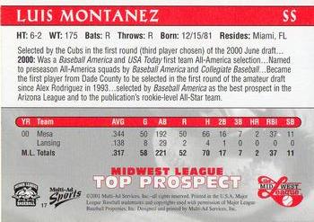 2001 Multi-Ad Midwest League Top Prospects #17 Luis Montanez Back