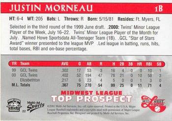 2001 Multi-Ad Midwest League Top Prospects #22 Justin Morneau Back