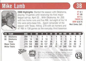 2001 Multi-Ad Oklahoma RedHawks #13 Mike Lamb Back