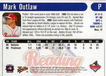 2001 Multi-Ad Reading Phillies #14 Mark Outlaw Back