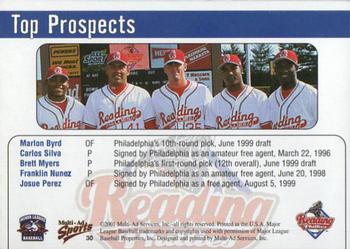 2001 Multi-Ad Reading Phillies #30 Marlon Byrd / Carlos Silva / Brett Myers / Franklin Nunez / Josue Perez Back