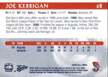 2001 Multi-Ad Sarasota Red Sox #16 Joe Kerrigan Back