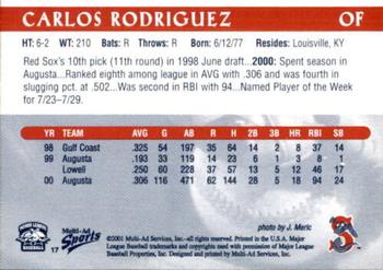 2001 Multi-Ad Sarasota Red Sox #17 Carlos Rodriguez Back