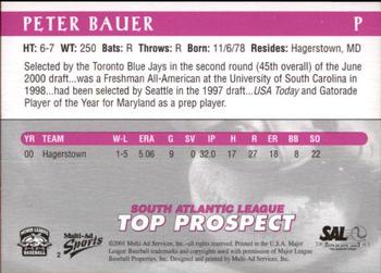 2001 Multi-Ad South Atlantic League Top Prospects #2 Peter Bauer Back