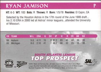 2001 Multi-Ad South Atlantic League Top Prospects #13 Ryan Jamison Back