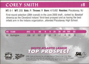 2001 Multi-Ad South Atlantic League Top Prospects #27 Corey Smith Back