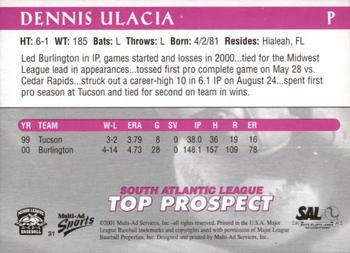 2001 Multi-Ad South Atlantic League Top Prospects #31 Dennis Ulacia Back