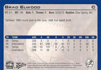 2001 Multi-Ad Tampa Yankees #10 Brad Elwood Back